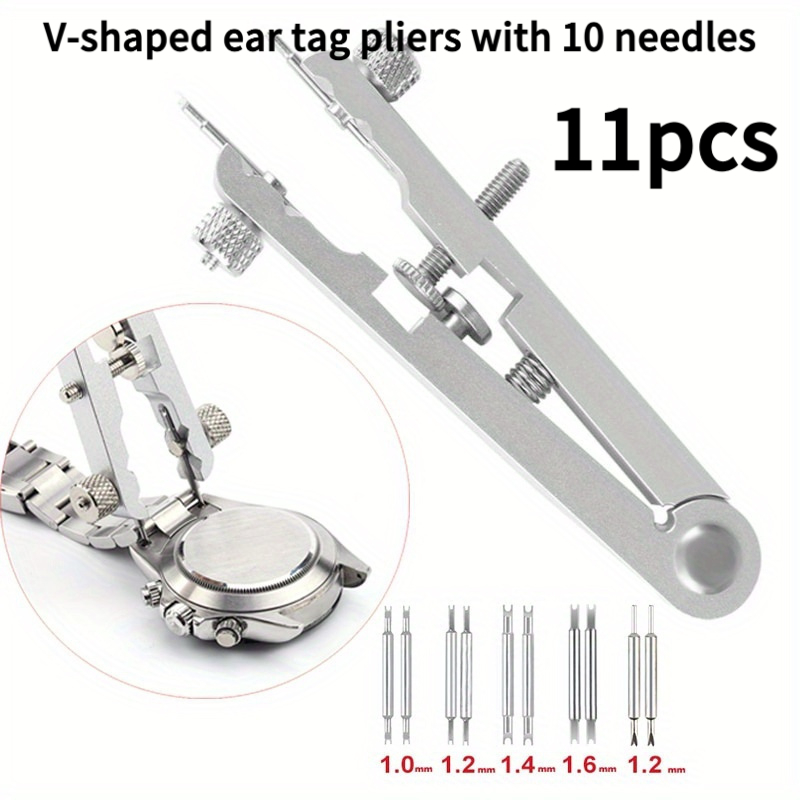 E-shop 11-teiliges Set (1 V-förmiges Uhrenfedersteg-Werkzeug, 10 Stifte), Professionelles Edelstahl-Uhrenfedersteg-Werkzeugset, Federsteg-Werkzeug,
