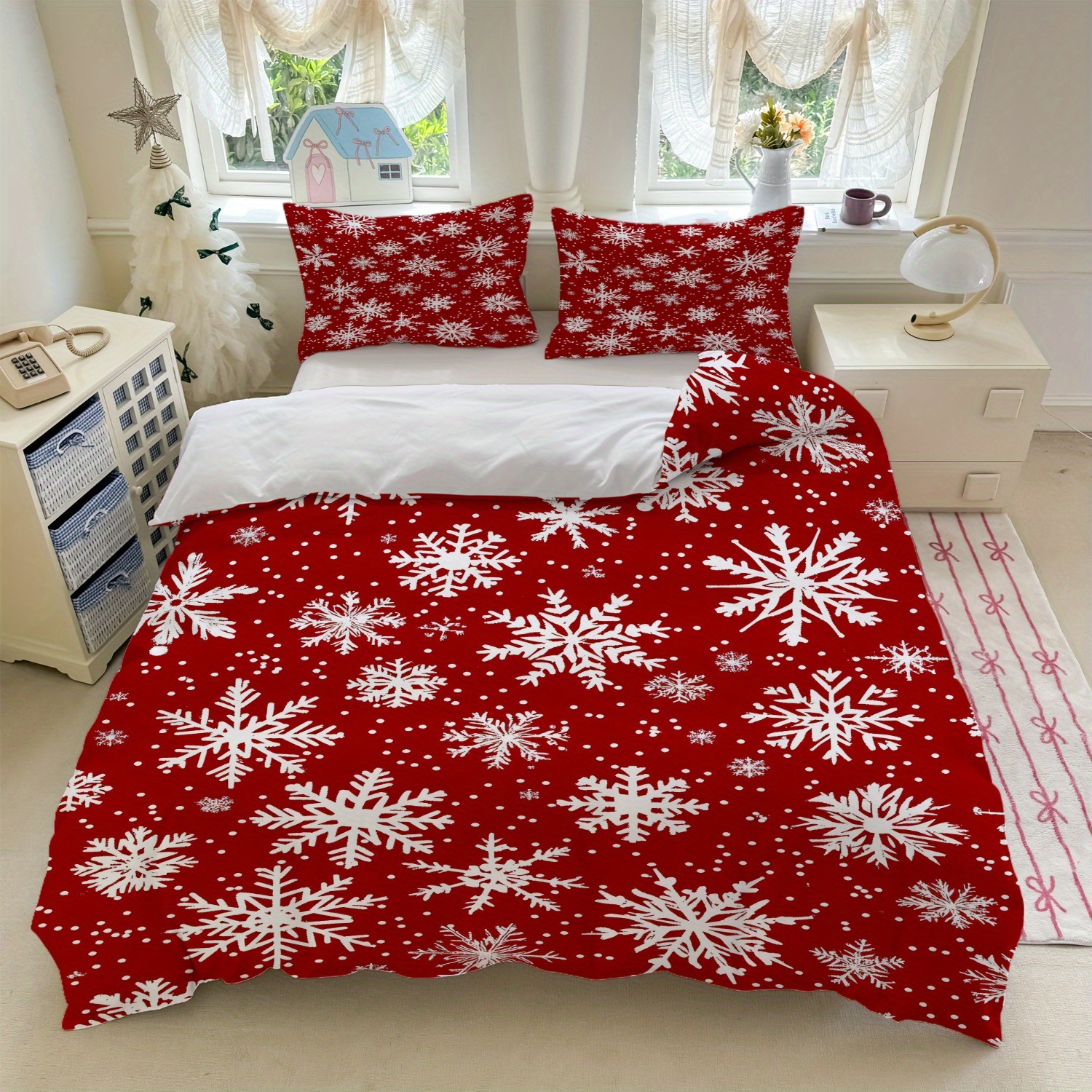 TEMU 3pcs Red Snowflake Duvet Cover Set   White Christmas Theme (1duvet Cover   2pillowcase, Without Core) For Winter Bedroom Decor