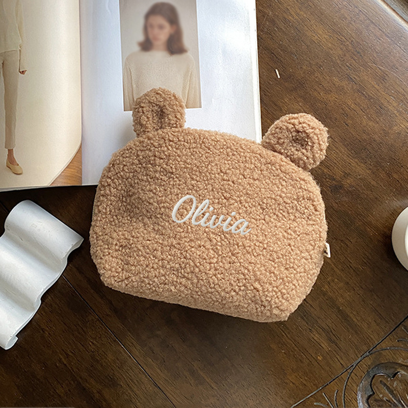 TEMU Custom Embroidered Personalized Plush Makeup Bag For Women, Soft Zippered Cosmetic Pouch, Large Capacity Travel Toiletry Bag, Portable Makeup