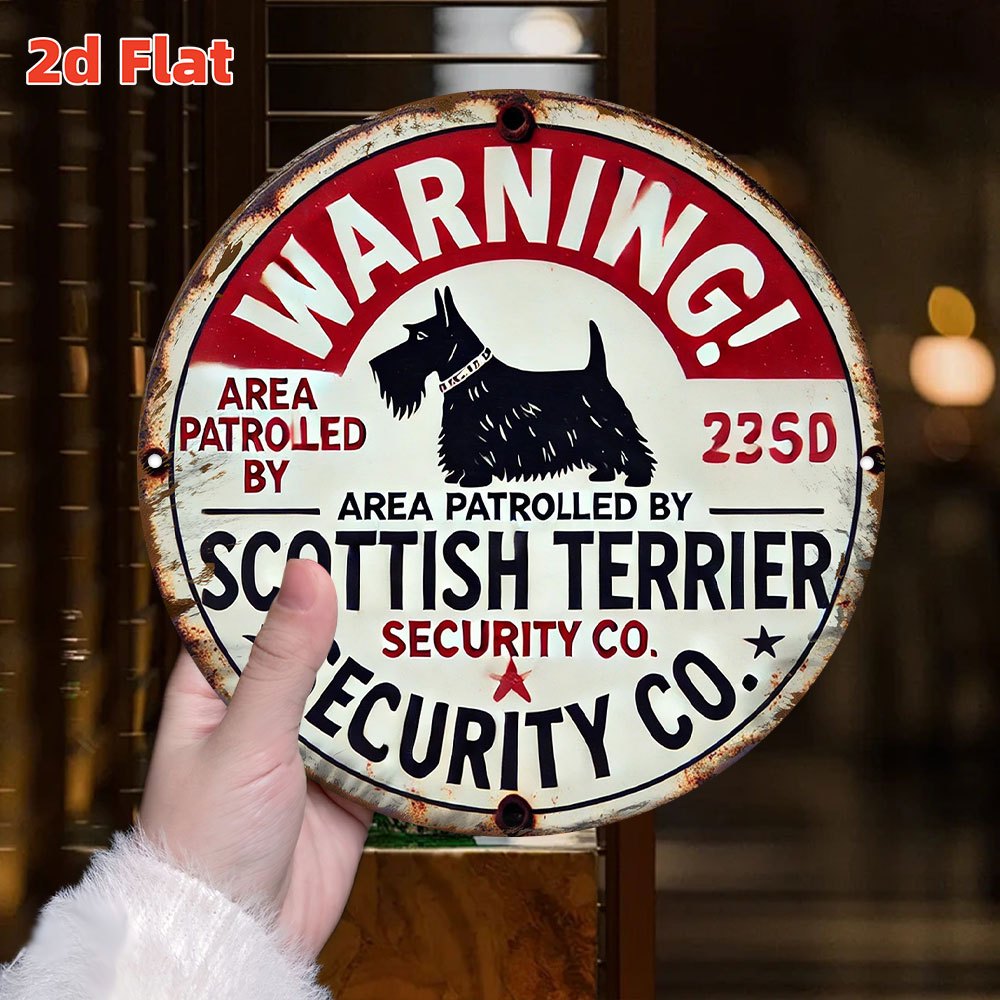 TEMU 2d Flat, Vintage Scottish Terrier Security Co, Round Aluminum Wall Sign - 7, 20.32cm Rustic Decorative Plaque With Humorous "warning!" Design,