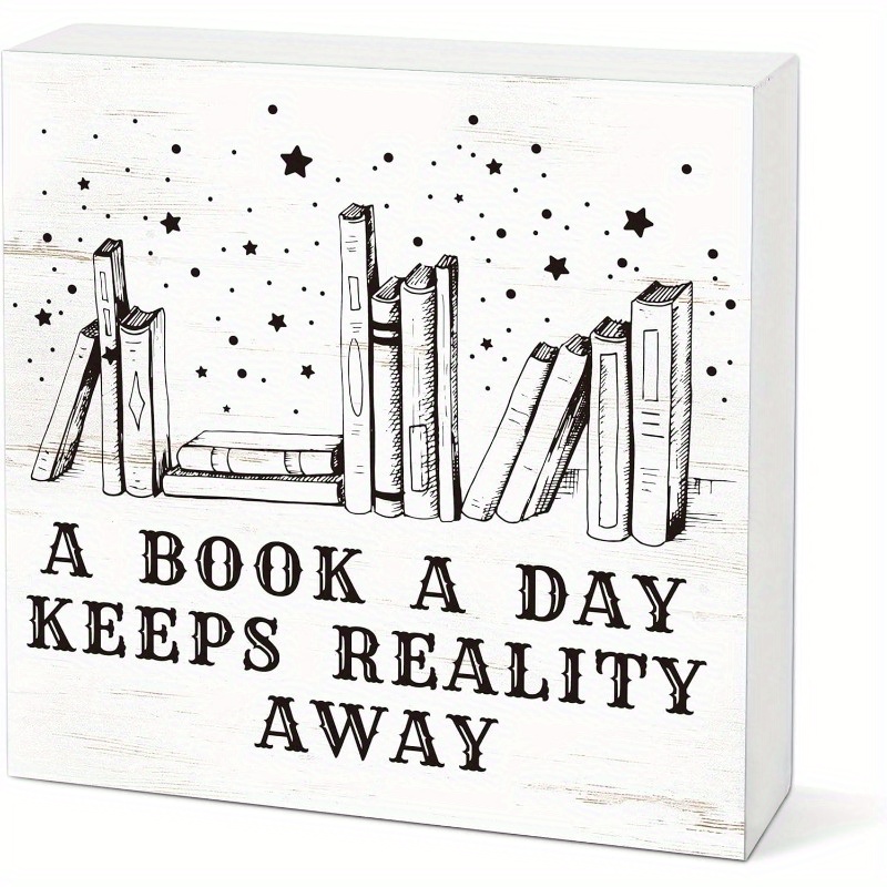TEMU 2d Flat, Book Wooden Block Sign - Funny Reading Quote "a Book A Day Reality Away" - Farmhouse Desk & Shelf Decor - Artificial Wood Bookend Or