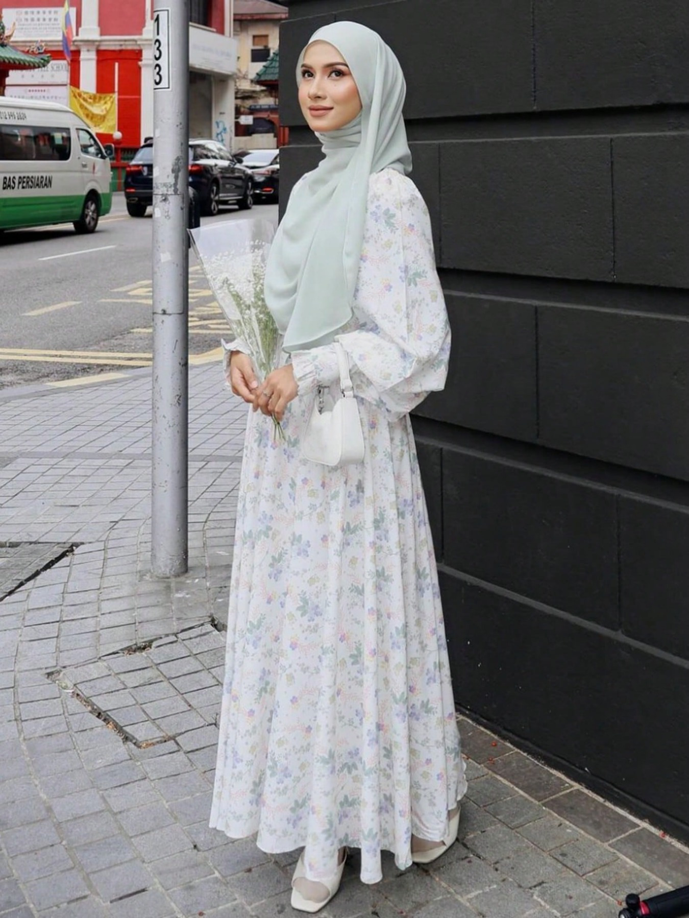 1pc elegant floral chiffon kaftan dress women long sleeve