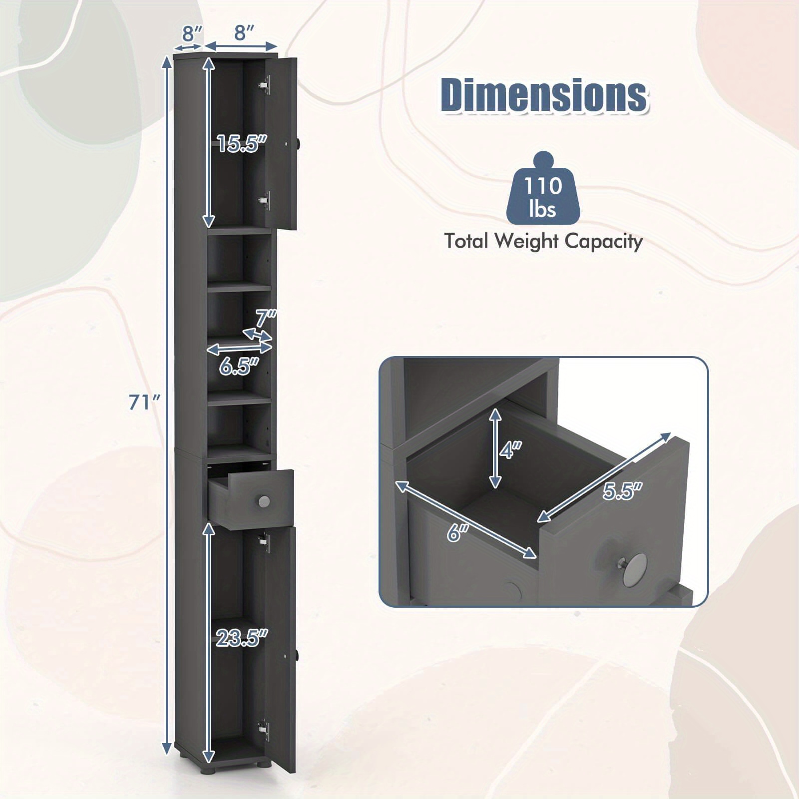 ultimate PETSITE Slim Bathroom Tall Cabinet, Freestanding Floor Storage Organizer with 2 Doors, 1 Drawer & 5 Adjustable Shelves, Narrow Linen Tower for Small Spaces, Wood Fiber Board Material, Bathroom Organizers And Storage 5 ultimate PETSITE Slim Bathroom Tall Cabinet, Freestanding Floor Storage Organizer with 2 Doors, 1 Drawer & 5 Adjustable Shelves, Narrow Linen Tower for Small Spaces, Wood Fiber Board Material, Bathroom Organizers And Storage - Image 5