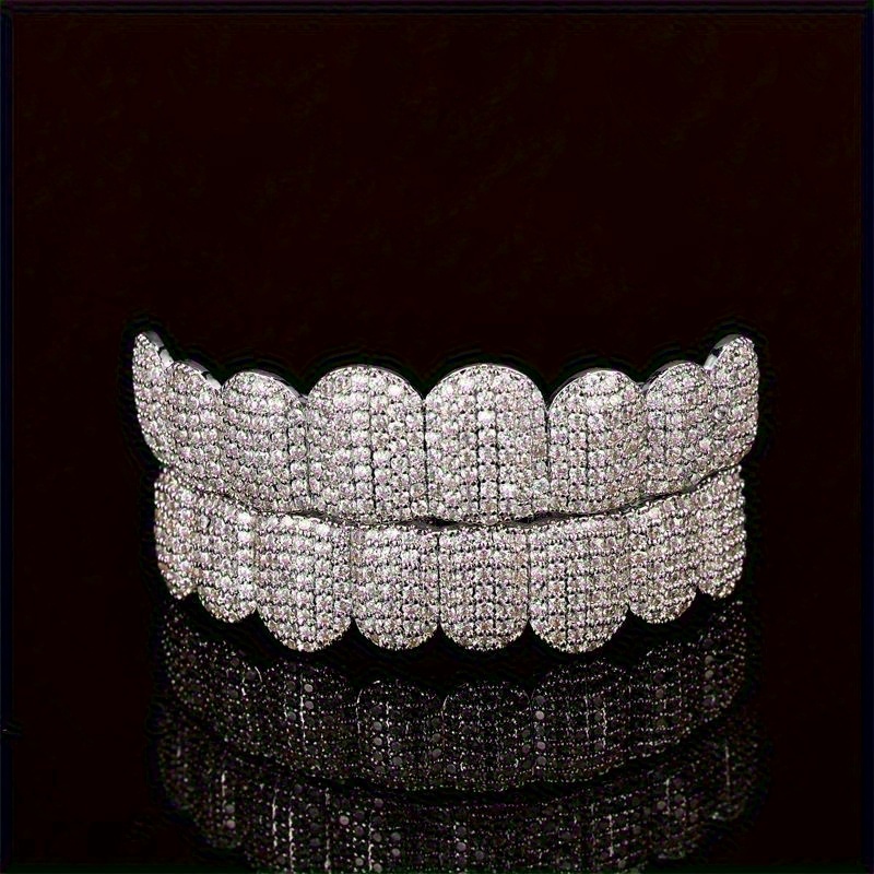 2pcs set hip hop cubic synthetic 5a zirconia teeth grills punk tooth caps cosplay rapper jewelry glittering hip hop cubic synthetic 5a zirconia teeth grills full iced cz   set for rappers and cosplayers premium punk tooth caps instantly tr