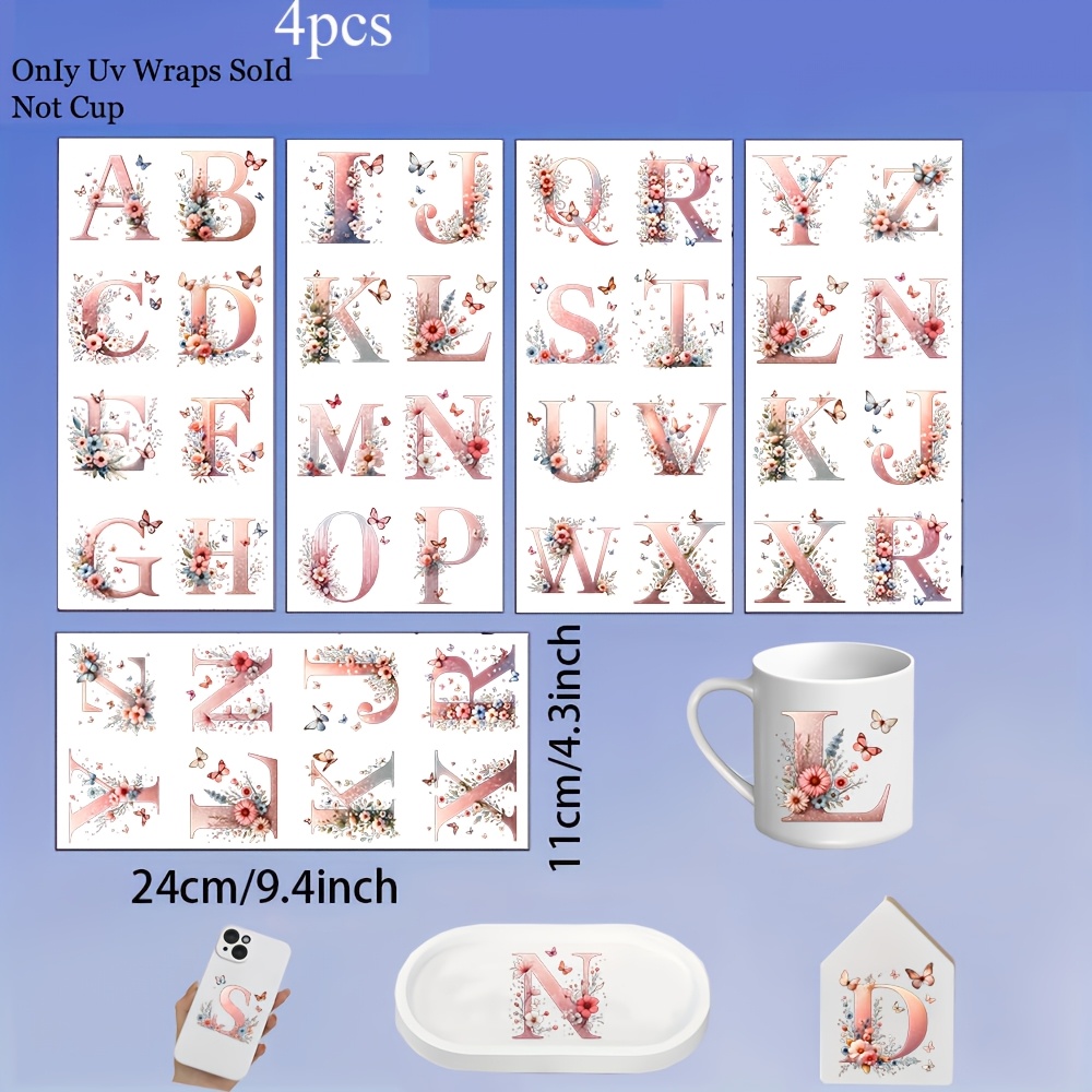 TEMU 4 Sheets Of 26-letter A-z Floral Pattern Uv Dtf Transfer Stickers, Suitable For Office And Home Use, High-quality Stickers That Used On Various
