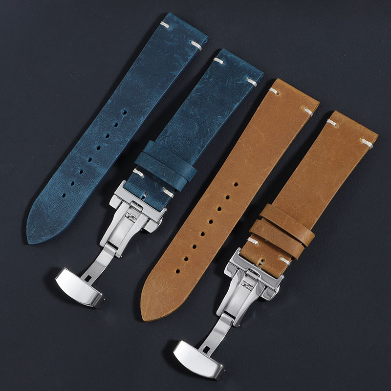 

1pc Vintage Style Handmade Calf Leather Watch Strap, 20mm 22mm Casual Butterfly Clasp Band For