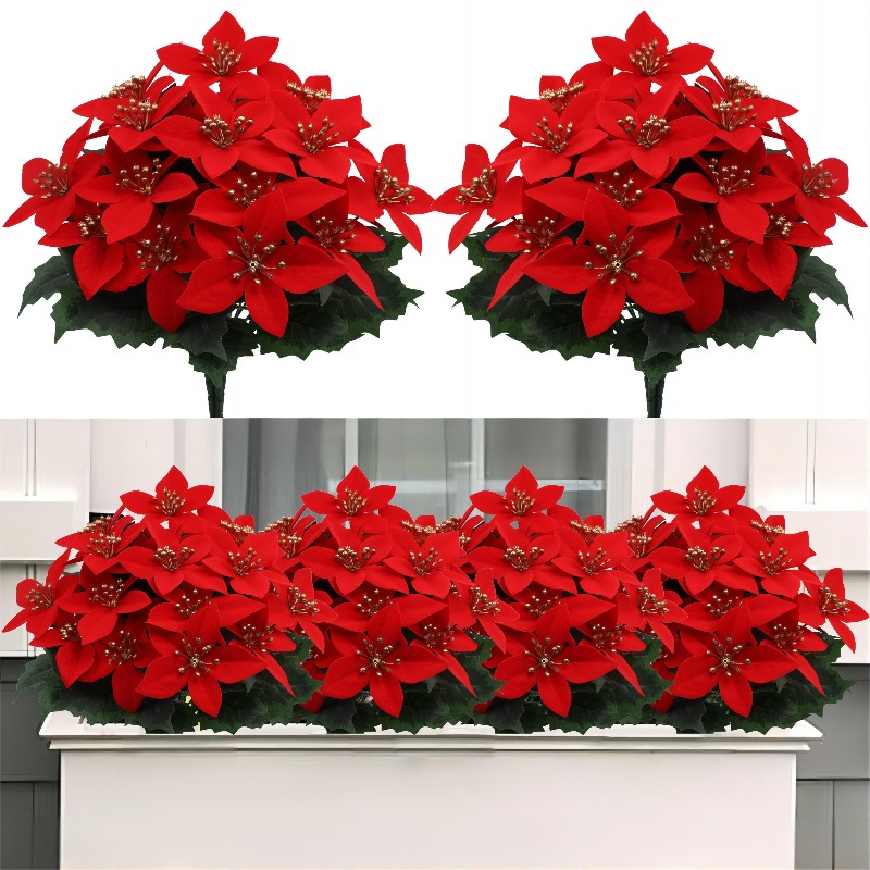 TEMU Set Of 2 Artificial Red Poinsettia Flowers With 5 Heads Each, Perfect For Decorating Your Home, Indoor And Outdoor Christmas Trees, Table Centerpieces, And