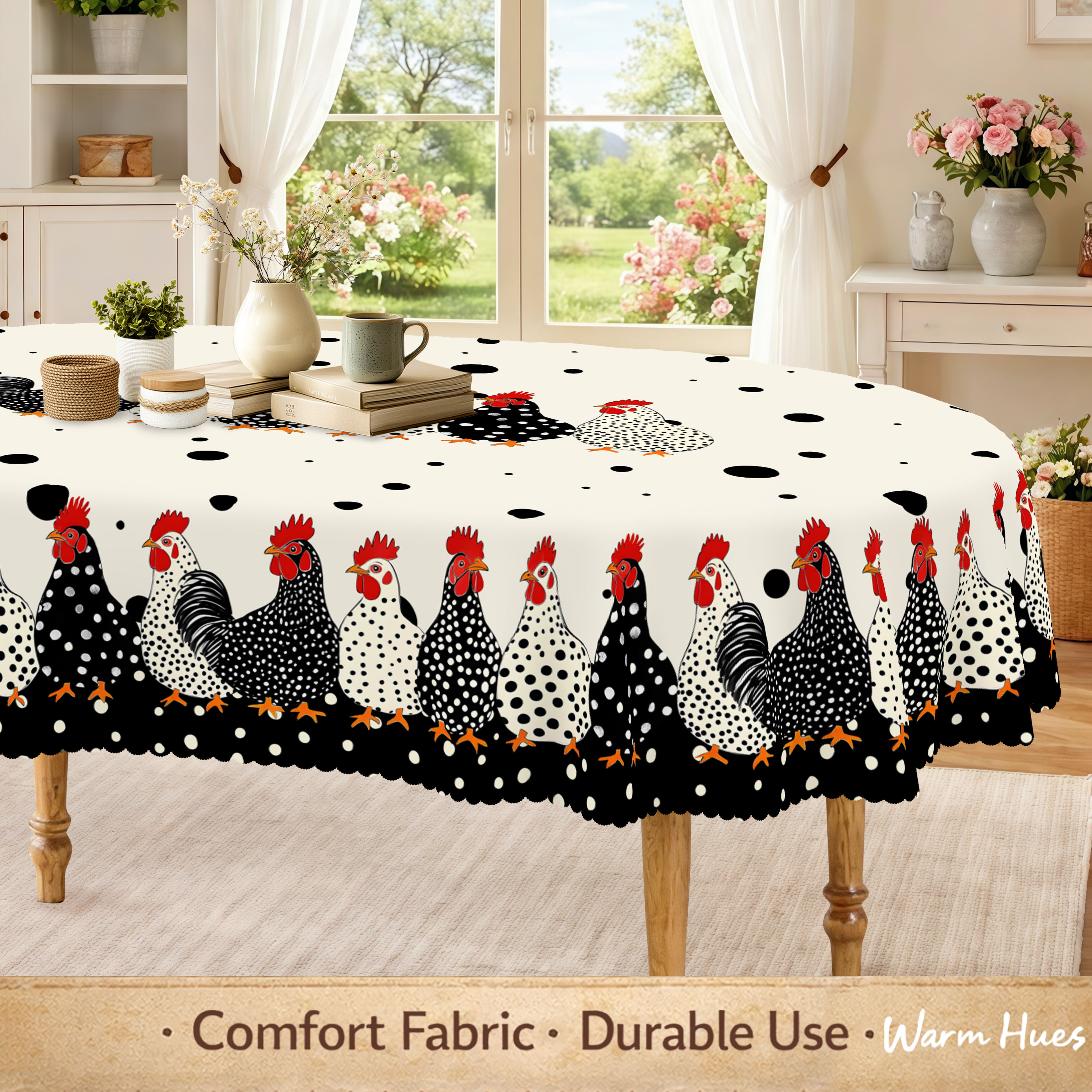 TEMU 1pc, Farmhouse Polka Tablecloth, Black And Beige Polka-dot , Gift For Rooster Lovers, Home Kitchen, Dining Room, Patio, Home Decor, Farmhouse