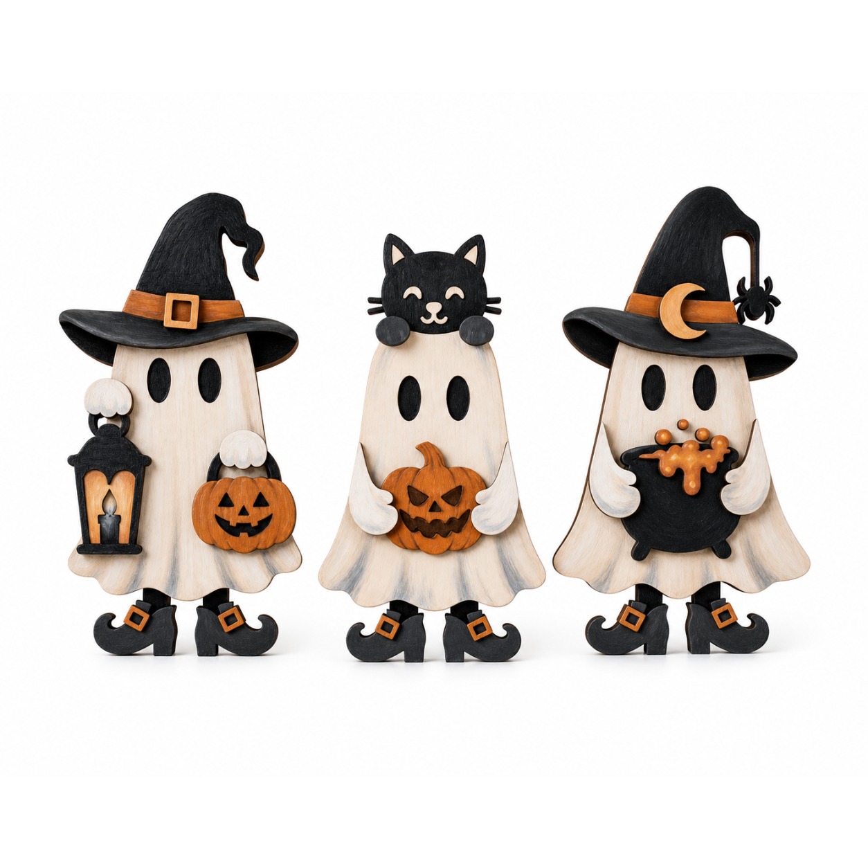TEMU 3 Vintage Wooden Halloween Tabletop Decorations, Freestanding Witch With Lantern, Cauldron, Black Cat, Pumpkin Sign, Farmhouse Decorations,