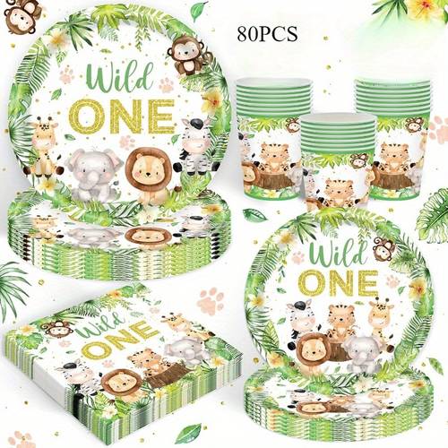 80pcs wild one party supplies set birthday party jungle animal decorations woodland themed disposable tableware set plates napkins cups set