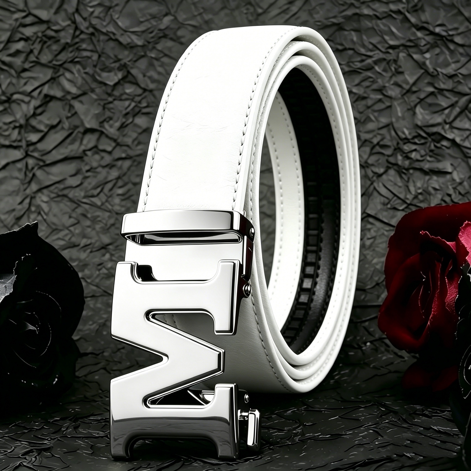 Image of Automatic Pu Leather Belt Business Formal Dress Casual Pu Leather Belt For Jeans- Pattern Letter M Belt -fashion Daily Decoration Jeans Belt - Belt - Ideal Holiday Gift