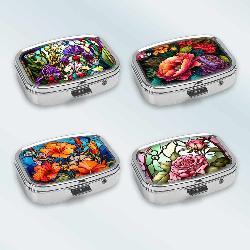 TEMU 4pcs Floral Main Pattern Printed Metal Medicine Box, Double Compartment Square Jewelry Box, Multifunctional Medicine, Vitamin, Capsule Storage
