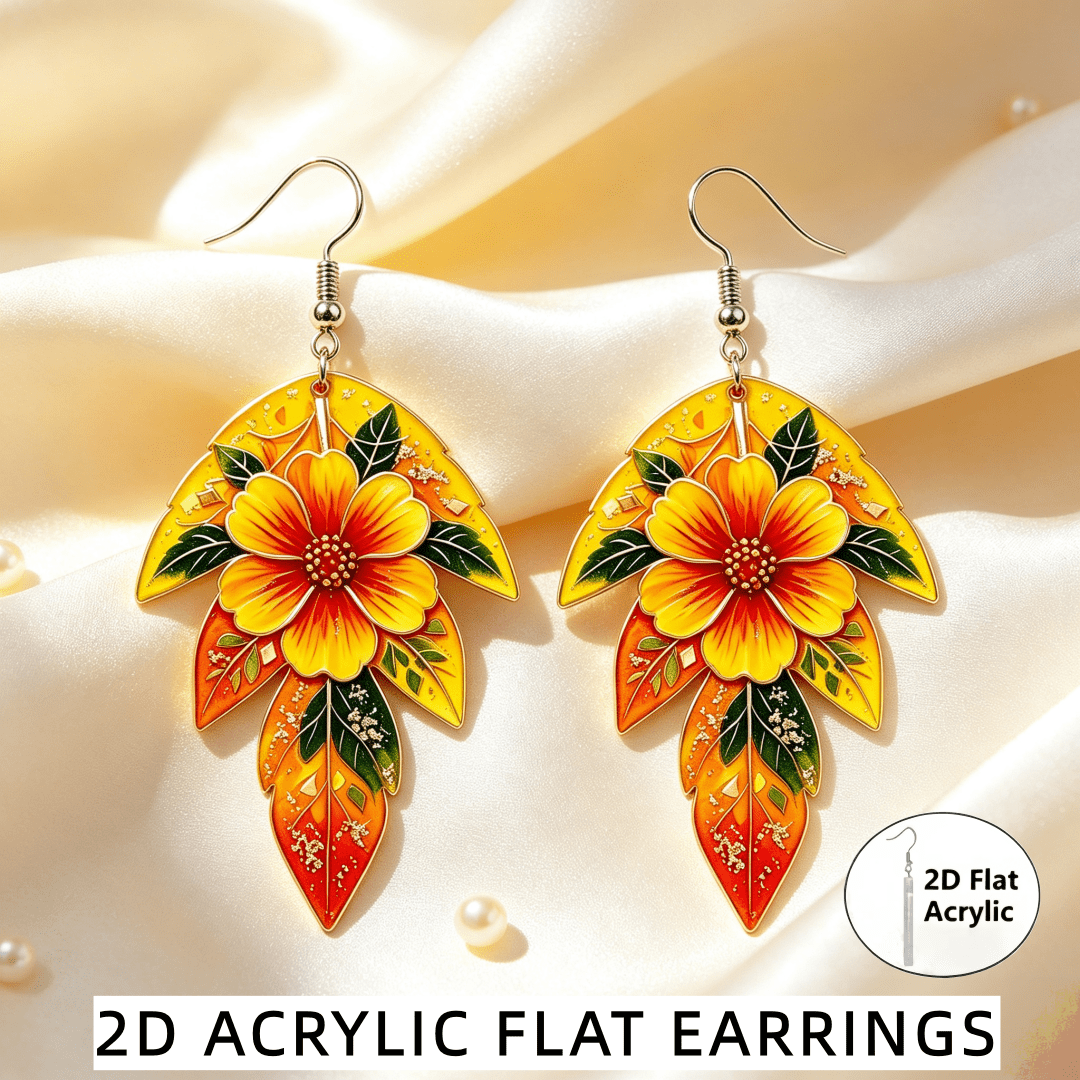 Boho 2D Flat Acrylic Bright Floral Leaf Drop Earrings
