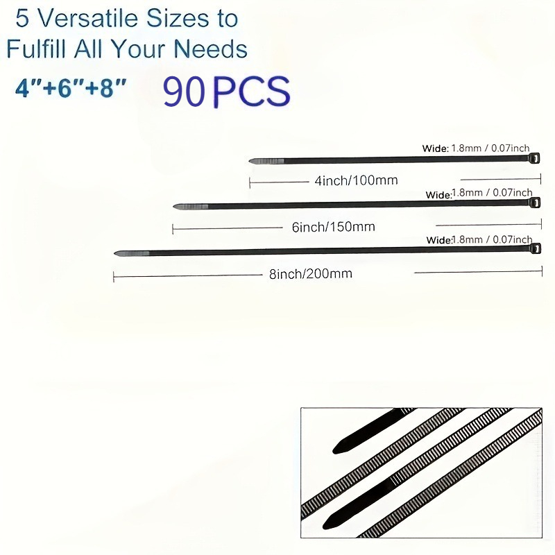 90pcs Self-locking Tie - 200/150/100mm Multiple Sizes - Suitable For Cable Management In Homes, Offices, Gardens And , Suitable For Indoor And Outdoor Use