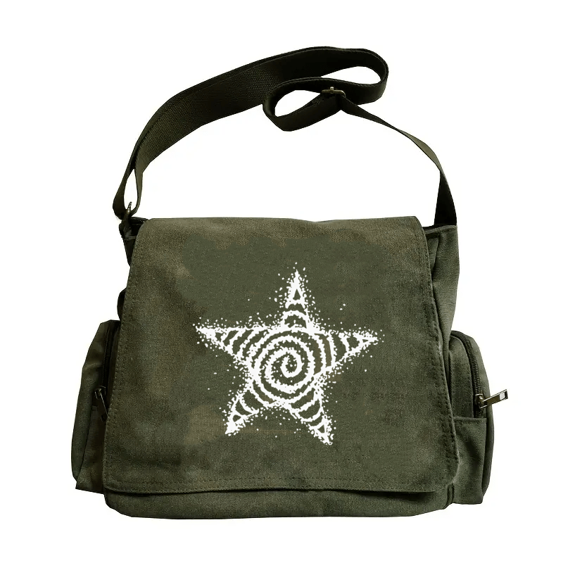 vintage green crossbody bag with star decoration large capacity handbag suitable for   adjustable strap zipper closure purse
