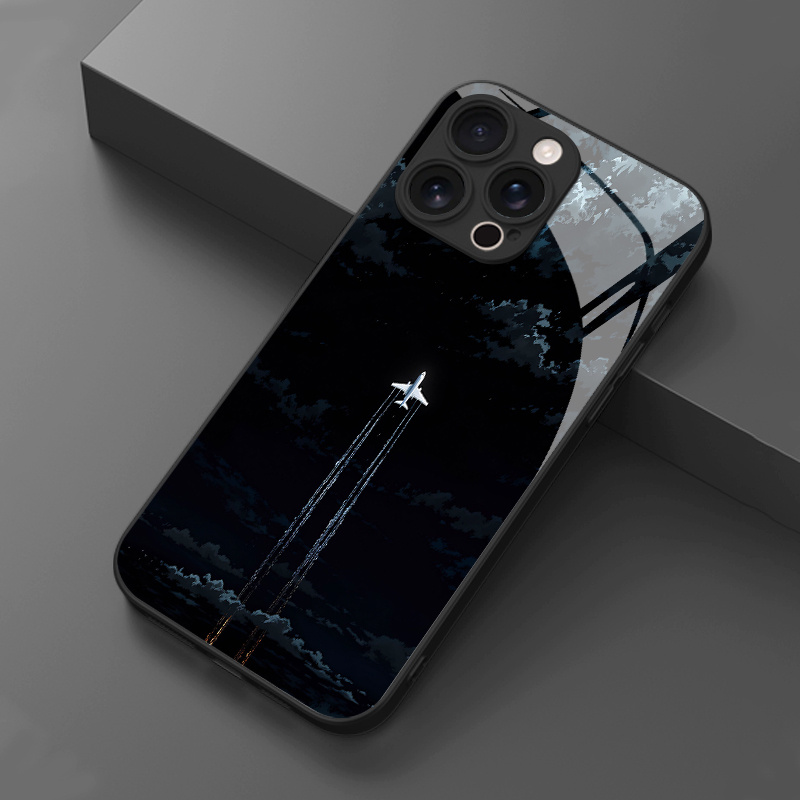 TEMU Phone Case - 1pc Night Sky Airplane Cloud Trail Mysterious Pattern Tempered Glass Phone Case For Iphone