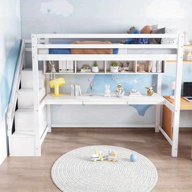 Wooden Bunk Bed 90190cm Loft Bed with Storage Stairs Made of Pine Wood Bed with Large Desk and Sheets with Slatted Frame White