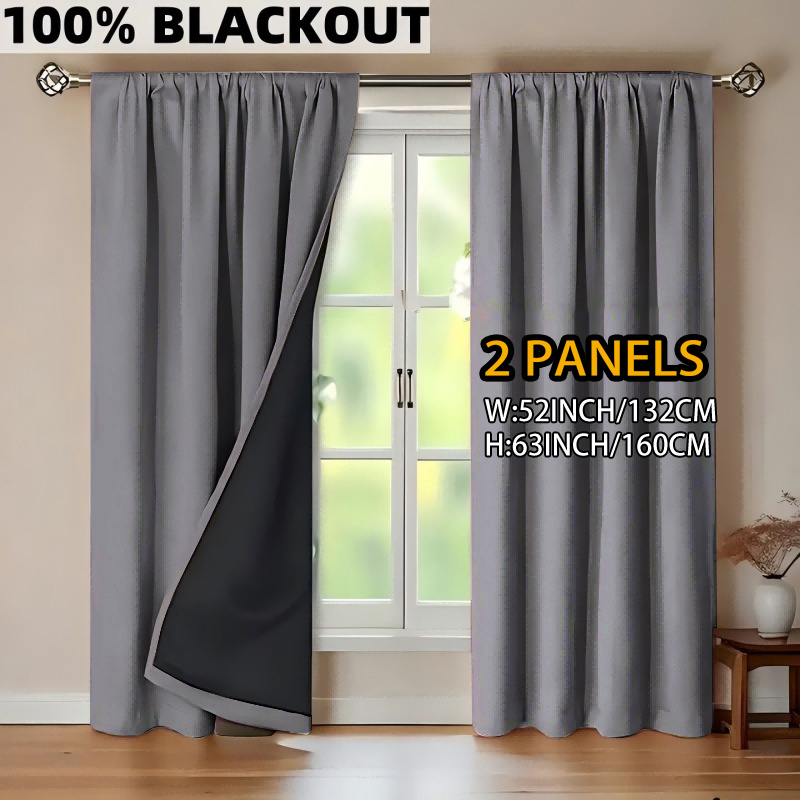 TEMU 2pcs 100% Blackout Curtains, Light-blocking & Sun Protection, Gray Polyester Lining With Rod Pocket Top – Modern For Bedroom, Living Room,