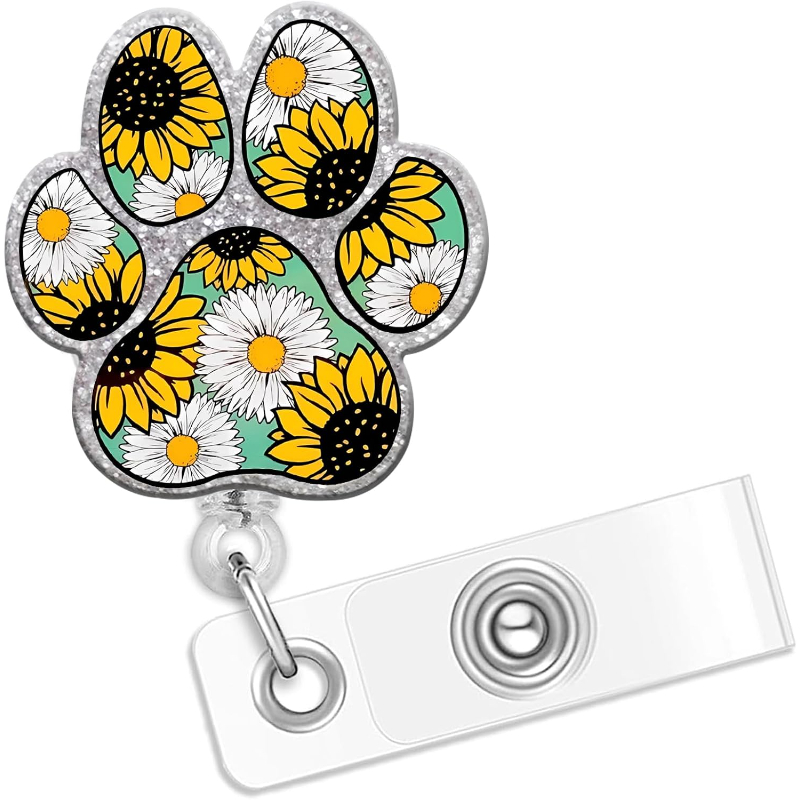 TEMU [2d] Dog Badge Reel, Funny Sunflower Floral Retractable Badge Reels With Id Clip For Nurse Name Tag Card Cute Footprint Gift For Nurses Office