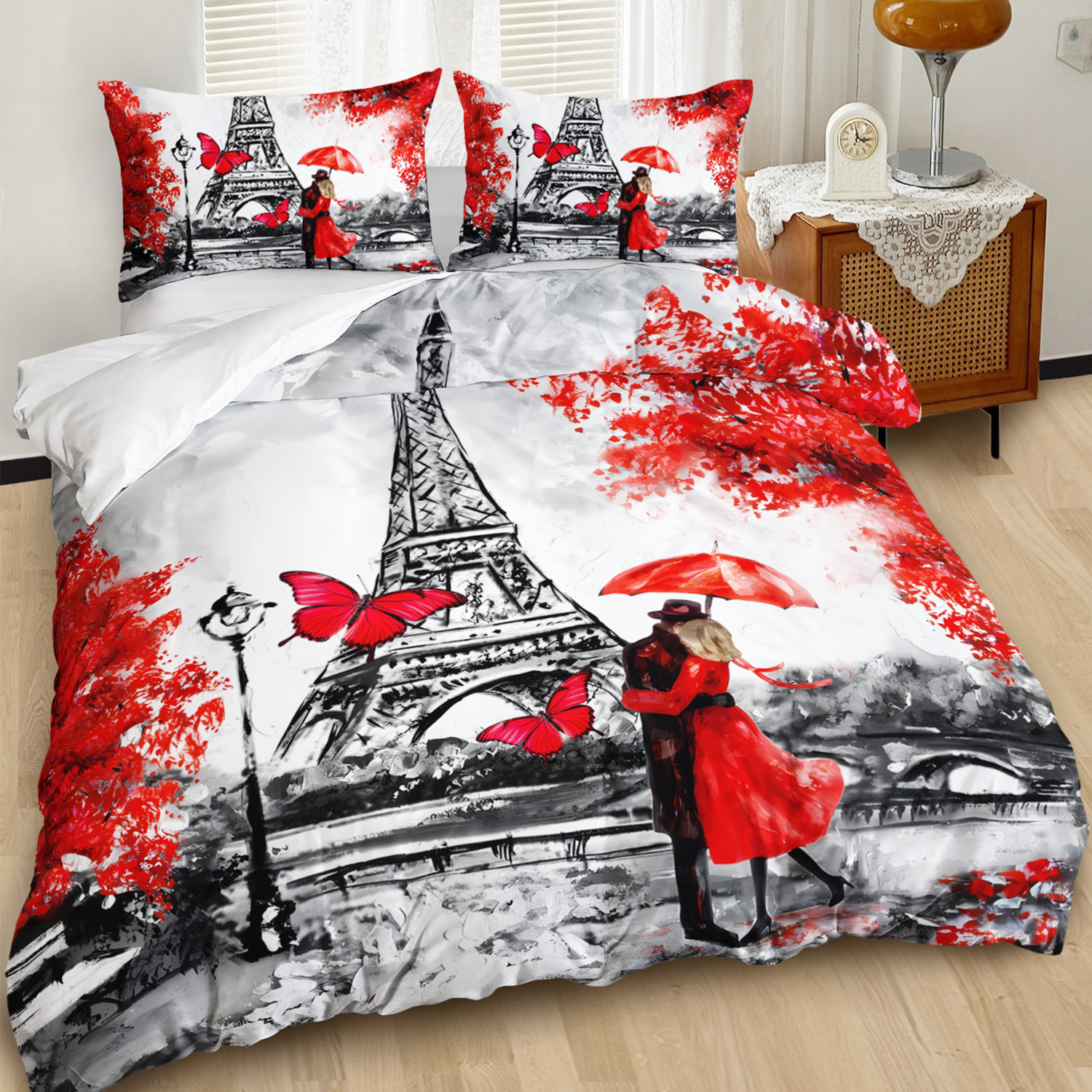 3pcs   tower romantic couple 3  printed duvet cover setparisian love bedding set for four seasonred black bedding for bedroom or   decorpolyester comforter cover gift 1 quilt cover 2 pillowcases Product details 1
