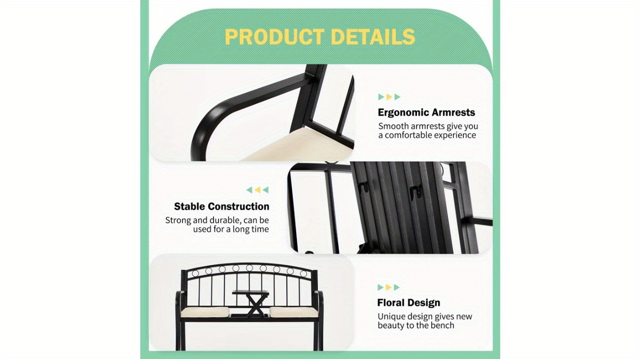 [Outdoor Patio Bench] Outdoor Patio Garden Bench Peacock Feather Backrest, Cast Iron Frame, Comfortable Seat for Yard, Porch, or Park