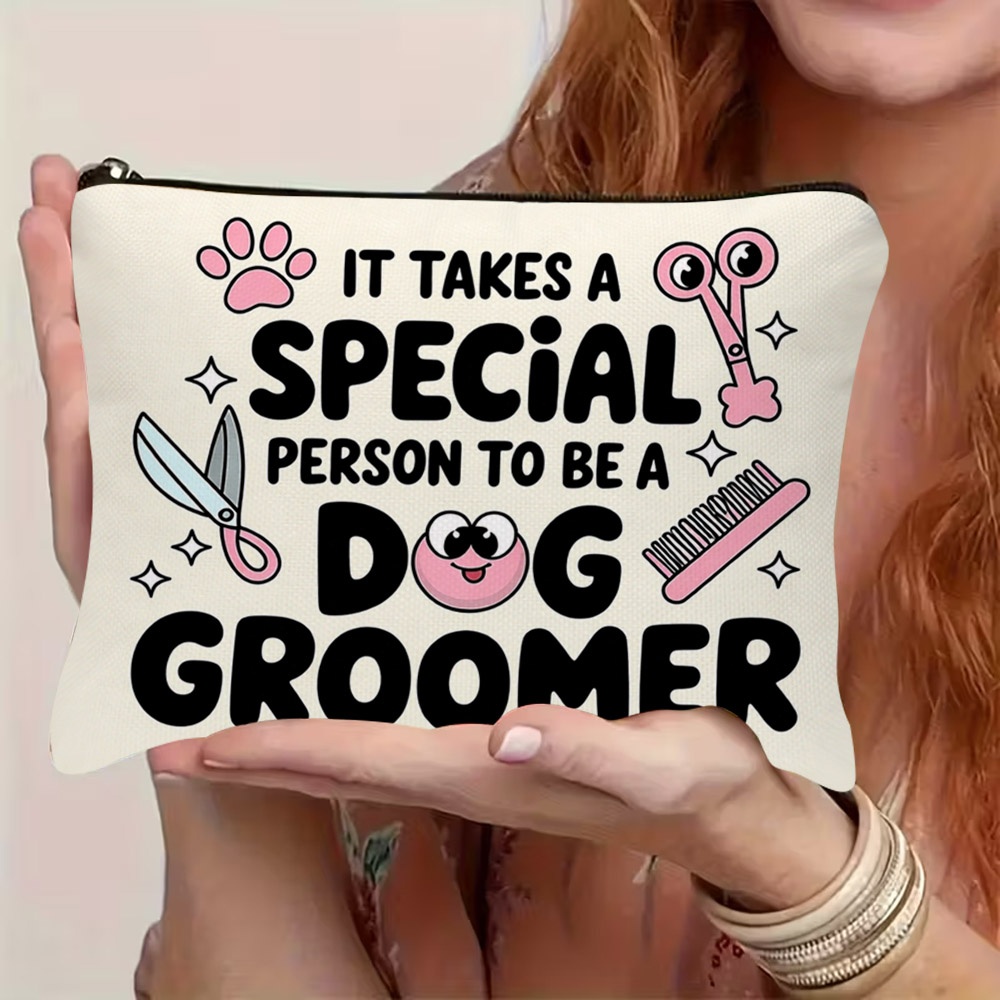 TEMU 1pc 2d Flat Printed Cute Cartoon Dog Groomer Themed Cosmetic Bag, Featuring Zipper Closure, Lightweight Durable Pouch With Paw Print, Scissors,