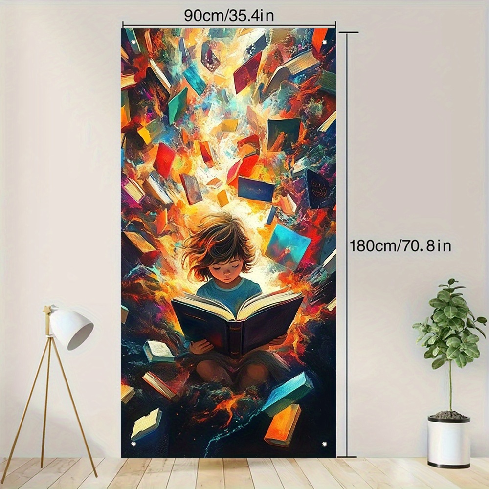 TEMU 2d Door Banner, 1pc 2d Door Banner - Sea Of Books Design 35.4x70.8 Inch Polyester Fabric, No Electricity Needed For Birthdays, Weddings,