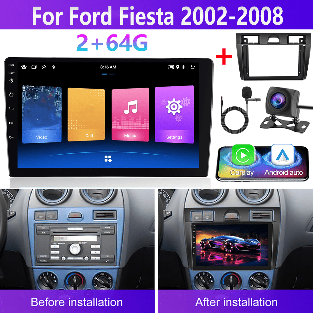 Image of 9" 13 Car Stereo For Ford Fiesta 2002-2008 - Double Din, & Auto, Gps Navigation, Fm Radio, Wifi, Usb, Ahd Backup Camera, Mic, Harness Included, Car | Touchscreen Interface | Advanced , Adapter, Podofo