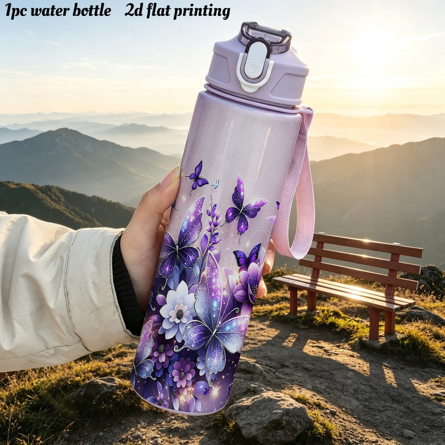 TEMU 1 bouteille de 750 ml (26 oz) avec couvercle imprimé 2D en 5 couleurs, bouteille d'eau réutilisable avec couvercle, papillons violets
