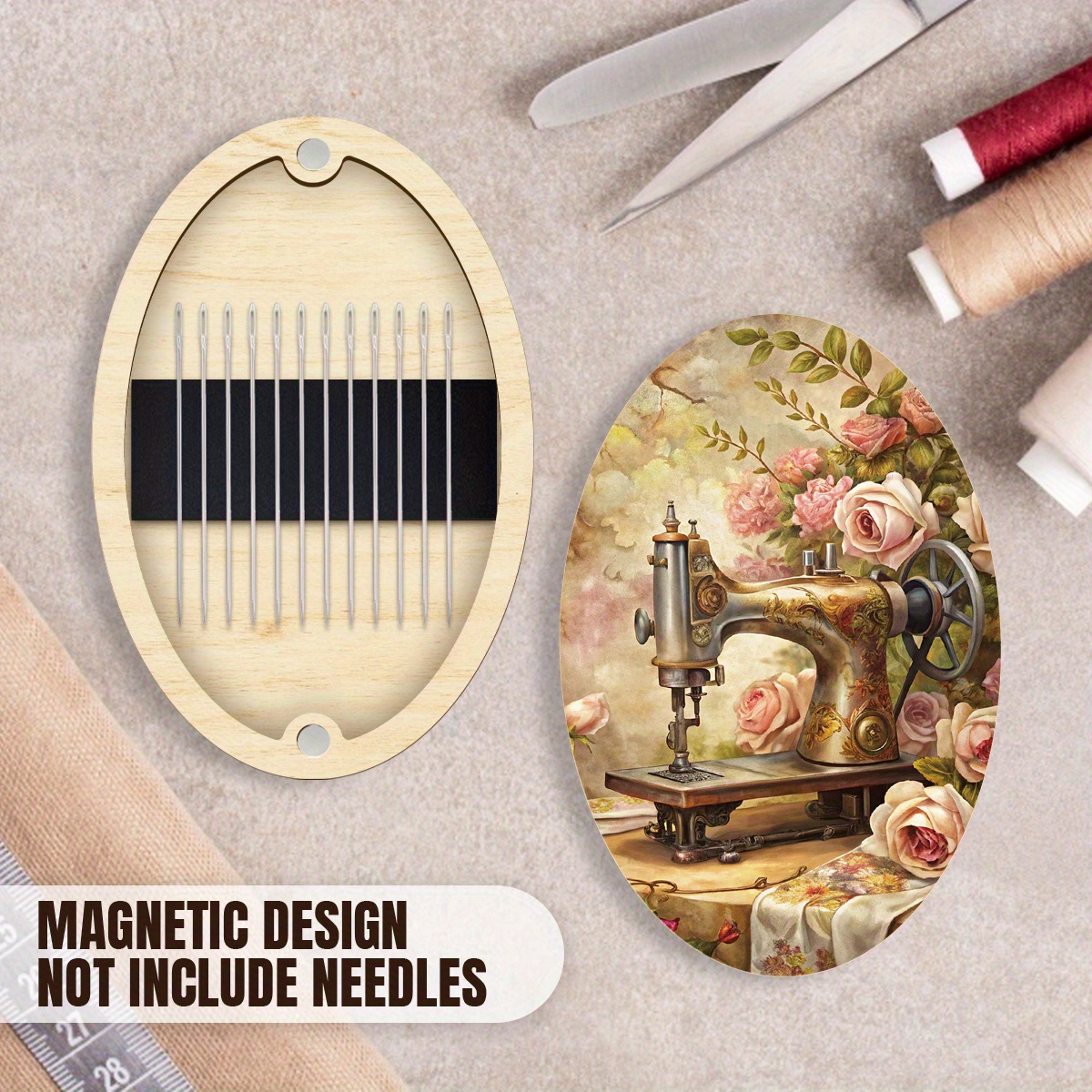 TEMU A Set Of Wooden Magnetic Needle Boxes| Floral Print Oval Design, Exquisite Floral Illustrations, Suitable For Storing Embroidery Thread And