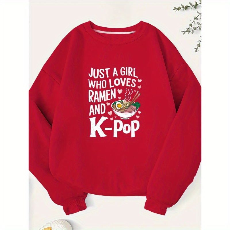 

Women's Casual Crew Neck Sweatshirt With Ramen & K-pop , 100% Polyester Knit Fabric, Geometric Pattern, Fall/, Spring, Clothing