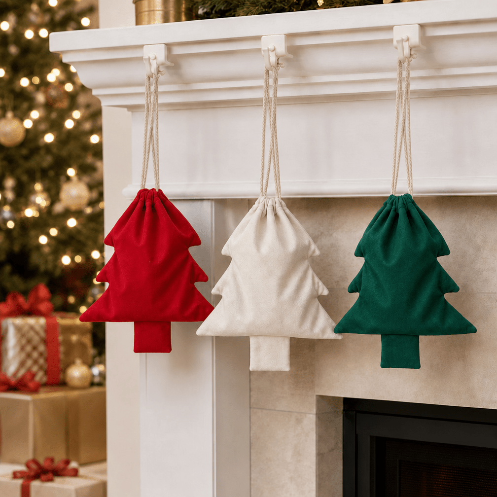 TEMU Lot de 3 pochettes à cordon de serrage de sapin de Noël, en daim à cordon, sachet à bonbons de Noël, décoration de sapin de Noël à suspendre,