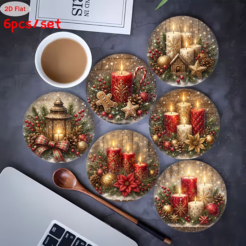 TEMU Lot de 6 sous-verres plats 2D en bois imprimés pour les fêtes de Noël et d'hiver avec motif de branche de pin, baie rouge, de neige et bougie,