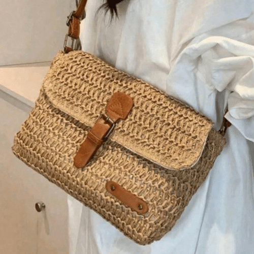 retro woven sling bag khaki with distressed leather and adjustable strap ideal for casual vacation and western style outfits