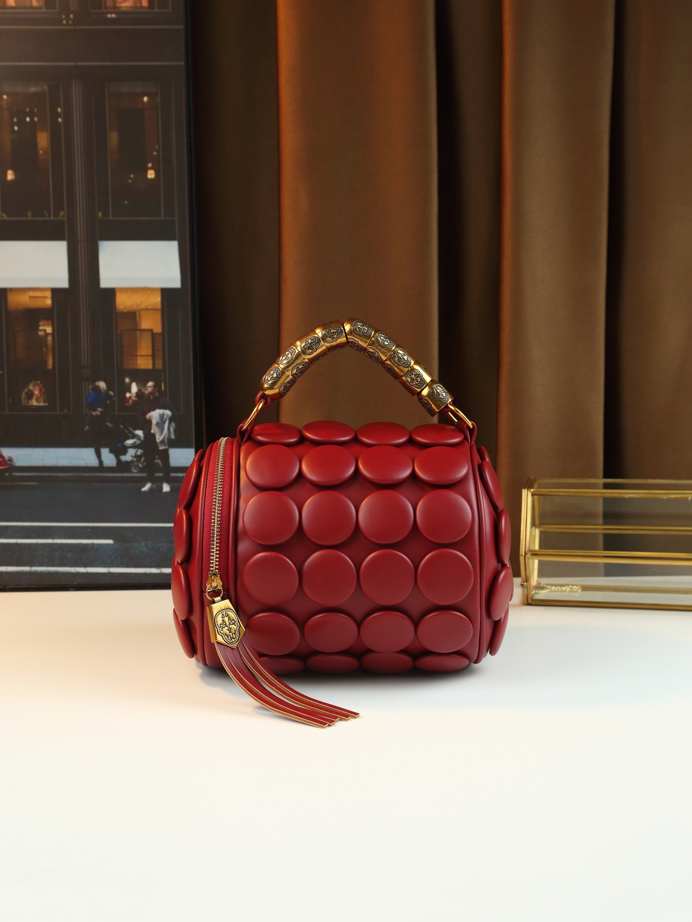 Red Vintage Boston Pillow Bag close up on geometric pattern