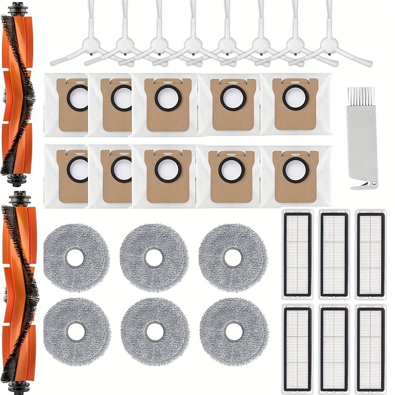 33 replacement parts compatible with xiaomi x20 x20 plus x10 x10 plus robotic vacuum including 2 main brushes 6 mops 8 side brushes 10 dust bags 6 hepa filters and 1 cleaning tool