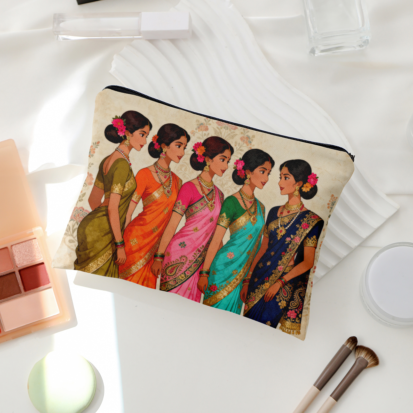 TEMU 1pc Reversible Printed Cosmetic Bag, Travel Toiletry Bag, Multifunctional Organizer, Indian Traditional Dress Art Pattern Gift, Suitable For
