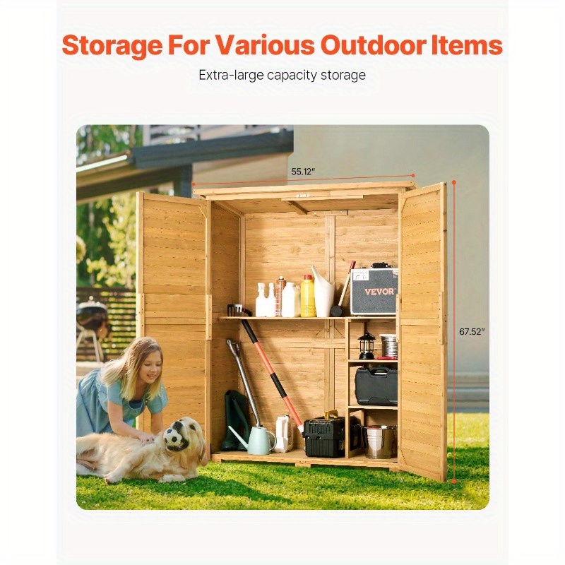 Outdoor Wooden Storage Shed Waterproof Garden Tool Metal Shed, 55x67.5 Inches, Rustresistant Construction