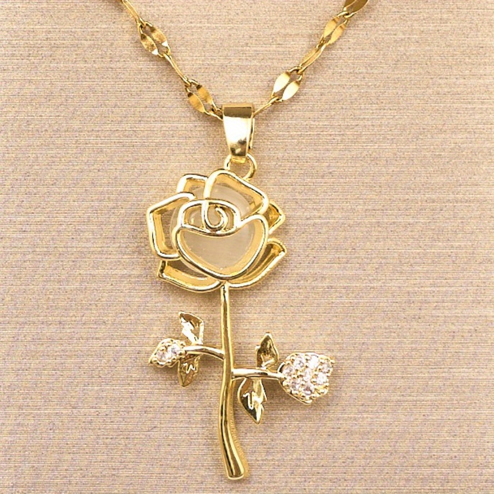 TEMU Collier avec pendentif rose élégant - Chaîne en acier inoxydable titane incrusté, bijou floral délicat pour femmes, cadeau de Saint-Valentin,