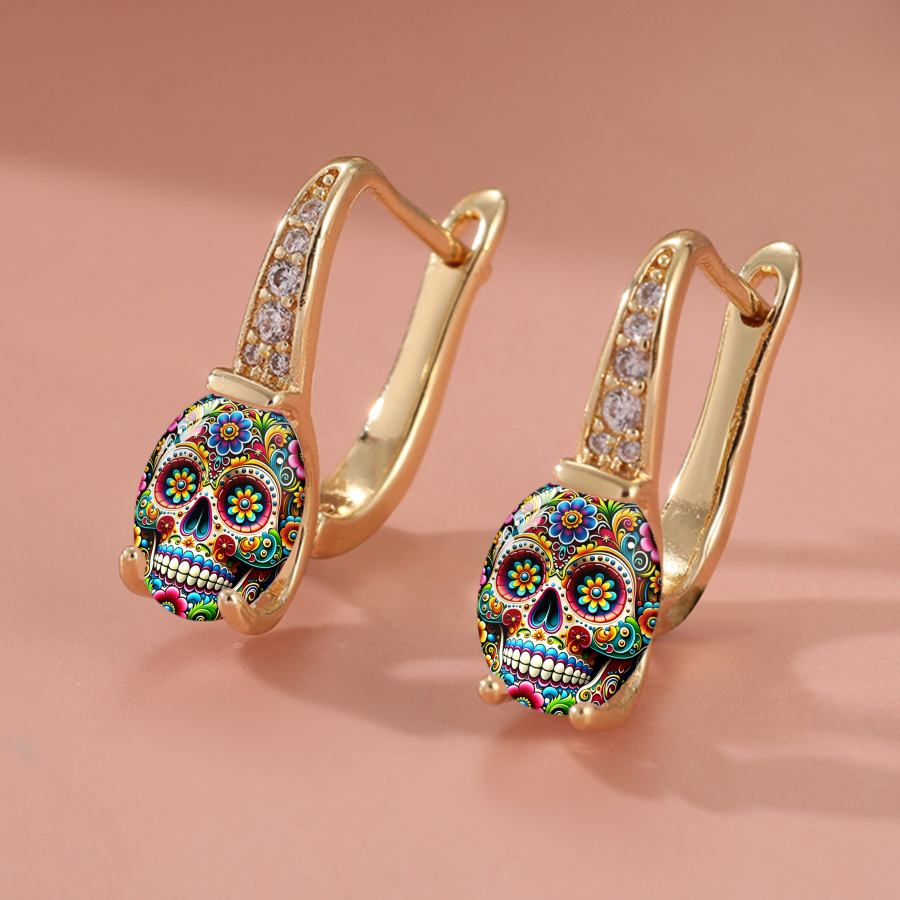 TEMU 2pcs Sugar Skull Earrings - Jewelry With Floral & Geometric Designs, Suitable For Halloween, Christmas Gifts, Birthday, Festival Accessories,
