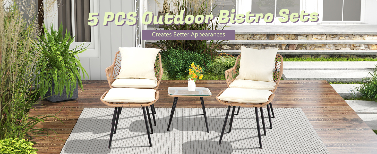 5pcs Patio Furniture Set, All-Weather Wicker Sofa with Ottomans and Glass Table, Outdoor Conversation Set, Waterproof Cushions, Easy Assembly