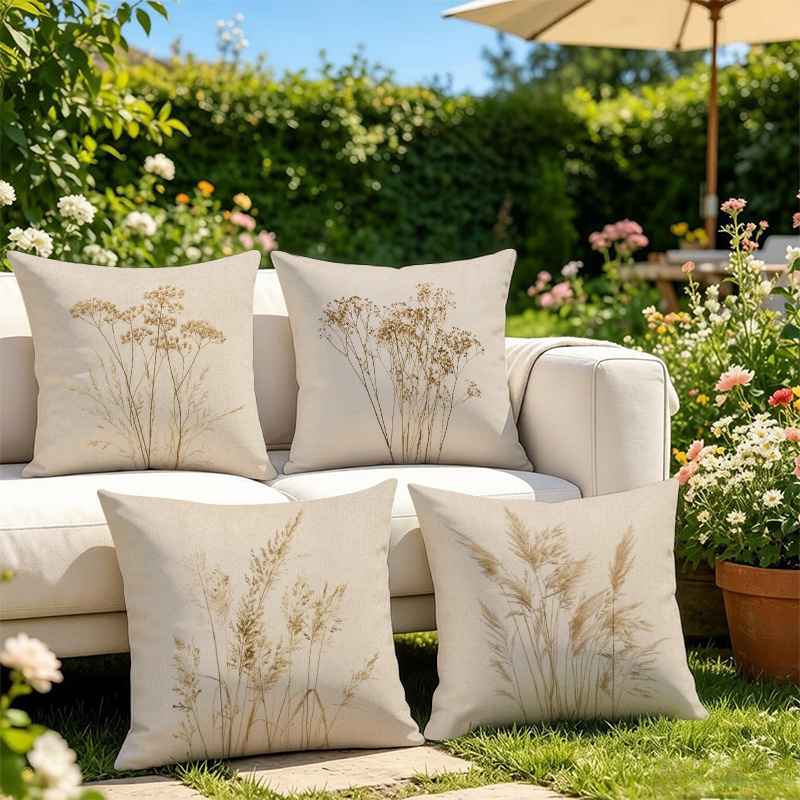 TEMU 4pcs 2d - Style Dry Grass Plant Print Throw Pillow Covers, Light Beige Base With Caramel Brown And Light Khaki Tone, Easy And Clean , Machine