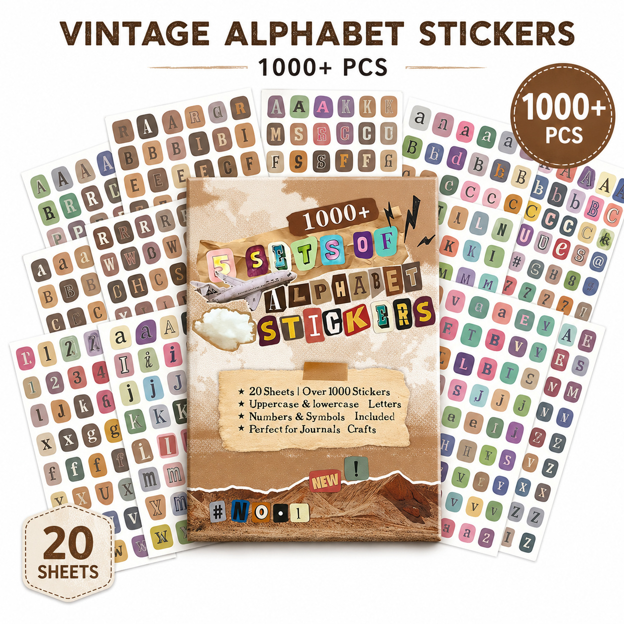 1000 pcs vintage alphabet stickers set 20 sheets   and lowercase letter stickers with numbers and symbols retro   style   stickers for journals crafts planners and card making