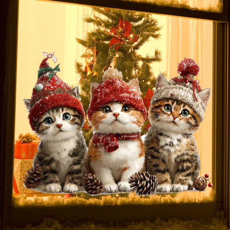 1pc Christmas Cat Full Transparent Double-sided Glass Window Sticker Home Decor