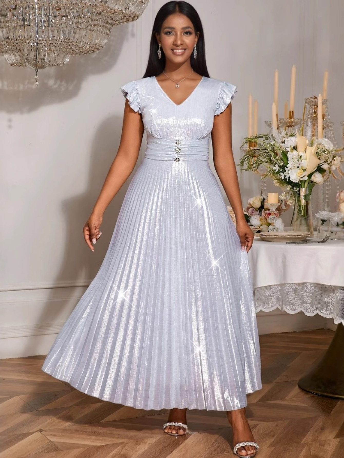temu silver dress New Year'S Eve Festive Elegant * Silvery Halter High-Thigh Slit Long Bridesmaid Gown Date Night Design Elegant Style Mother'S Graduation Outfit Ultra-Long Skirt Fashion Prom Dress