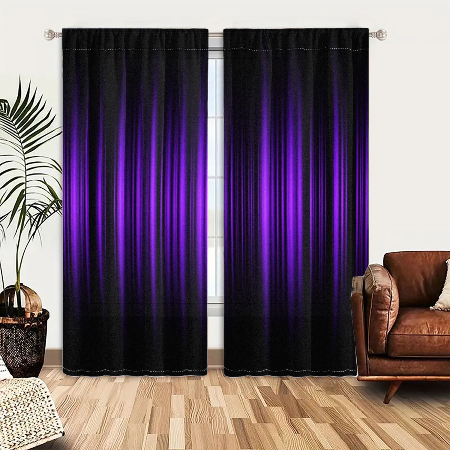 TEMU 1set/ 2pcs Curtains, Vibrant Purple Vertical Light Glow Against A Dark, Abstract Background. The Dynamic Lines Create A Modern, Visual