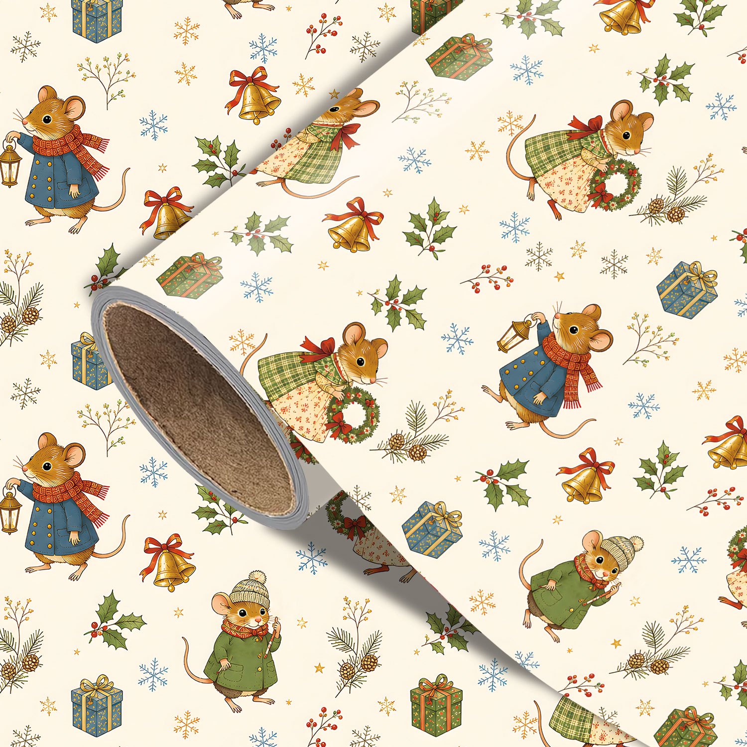 TEMU 1 Rolle Vintage-Weihnachts-Geschenkpapier, 17,7 Zoll x 118 Zoll, Weihnachtsmaus-Weihnachtsgeschenkpapier mit Glocken, Geschenkboxen,