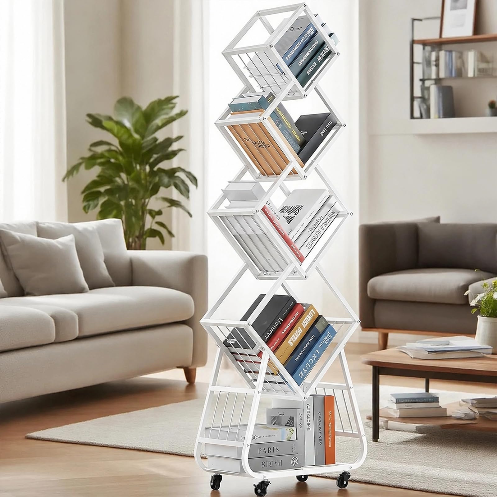 Image of Black Rotating Bookshelf, 5-tier 360° Rotating Bookshelf With Wheels - Suitable For Living Room, Bedroom, And Office