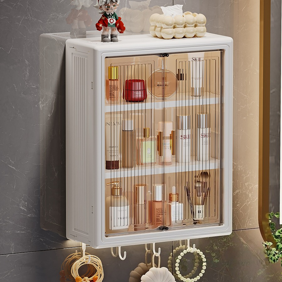 E-shop Doppel-Tür 3-stöckiges Badezimmer Wandregal Toiletten-Punch-freies Waschtisch-Organizer Wandmontiertes Waschbeckenregal Badezimmer Kunststoff