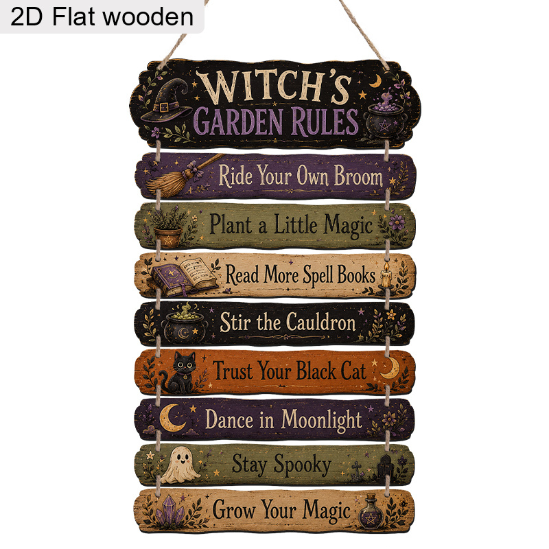 TEMU 2d Flat, 2d , 9pcs/set Vintage Rustic Wooden Hanging Sign - Garden Rules Sign, Featuring , Cauldron, And Spell Decorations, Artificial Wood